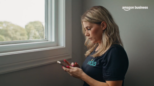 Tiffany Ling produced spot for Amazon Business featuring woman wearing VIDA shirt by a window