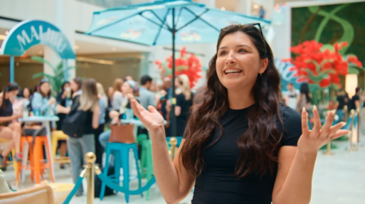 Tiffany Ling produced spot for Malibu rum activation woman in front of beach umbrella